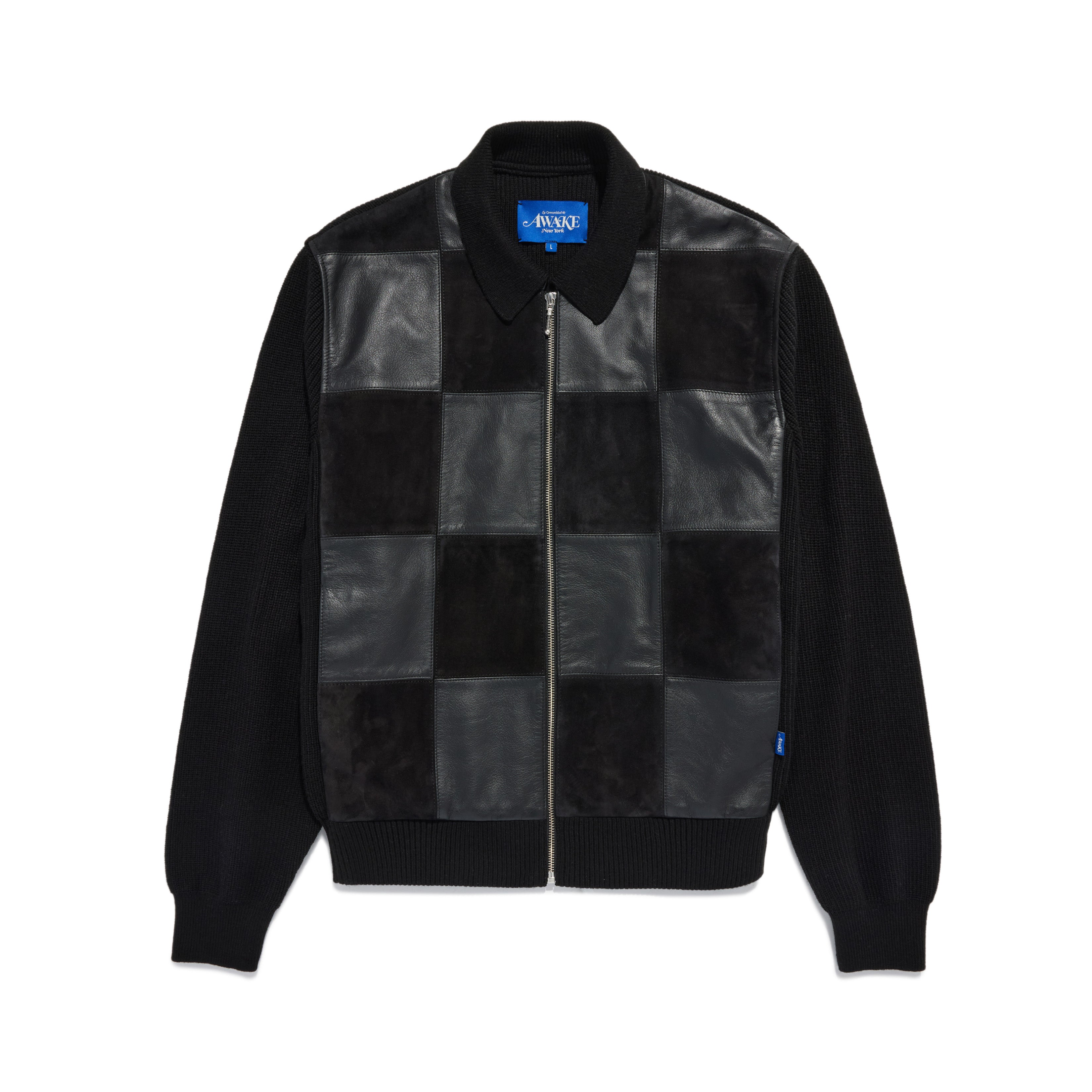 Checkered Leather & Suede Knit Zip Jacket