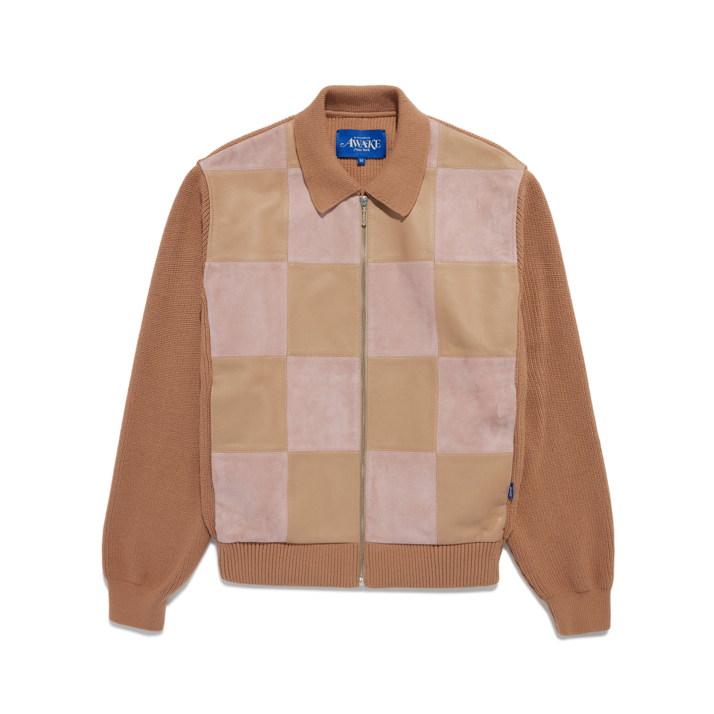 Checkered Leather & Suede Knit Zip Jacket
